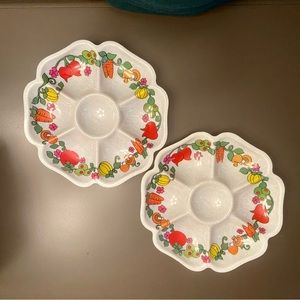 Vintage Veggie Tray Sectioned Chip & Dip Server Vegetables Platter 12” MCM Set/2